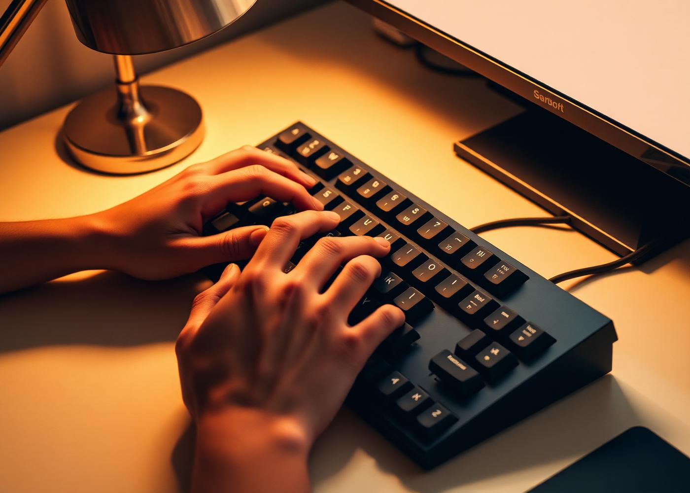 Hands typing on a mechanical keyboard at a warm-lit desk